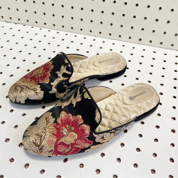 Birdies Shoes - Birdies The Phoebe Floral Jacquard Slip On Mule Shoes *FLAW* Gold Black Pink